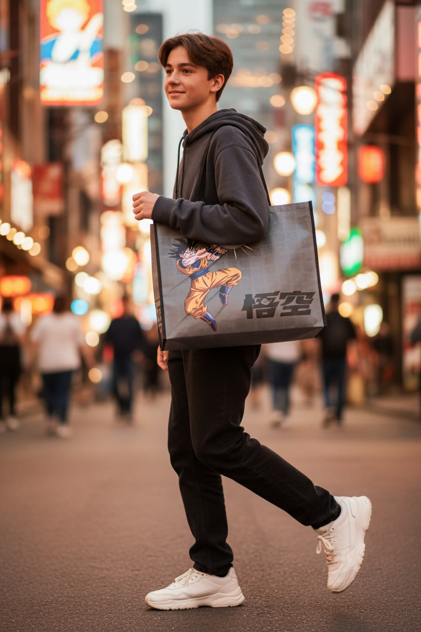 Grand sac shopping Dragon Ball Z avec Son Goku réalisant un Kamehameha