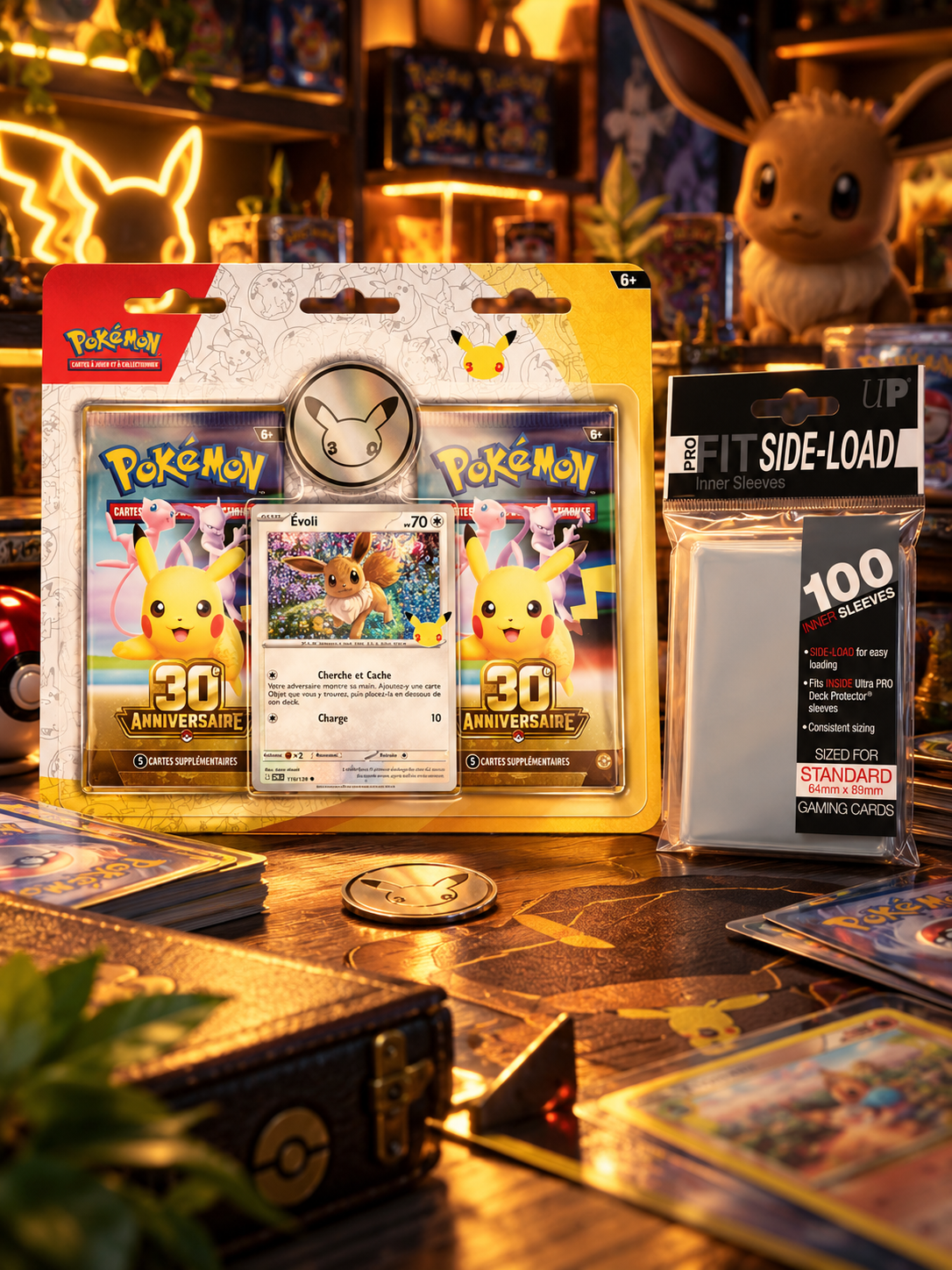 Pokémon JCC – Duopack Évoli 30e Anniversaire + Sleeves Perfect Fit Latérales – FR