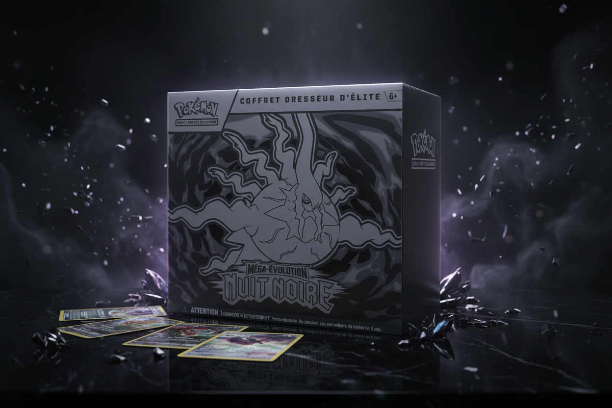 Coffret Dresseur d'Élite Pokémon JCC Méga-Évolution ME05 Nuit Noire version française avec boosters et accessoires officiels