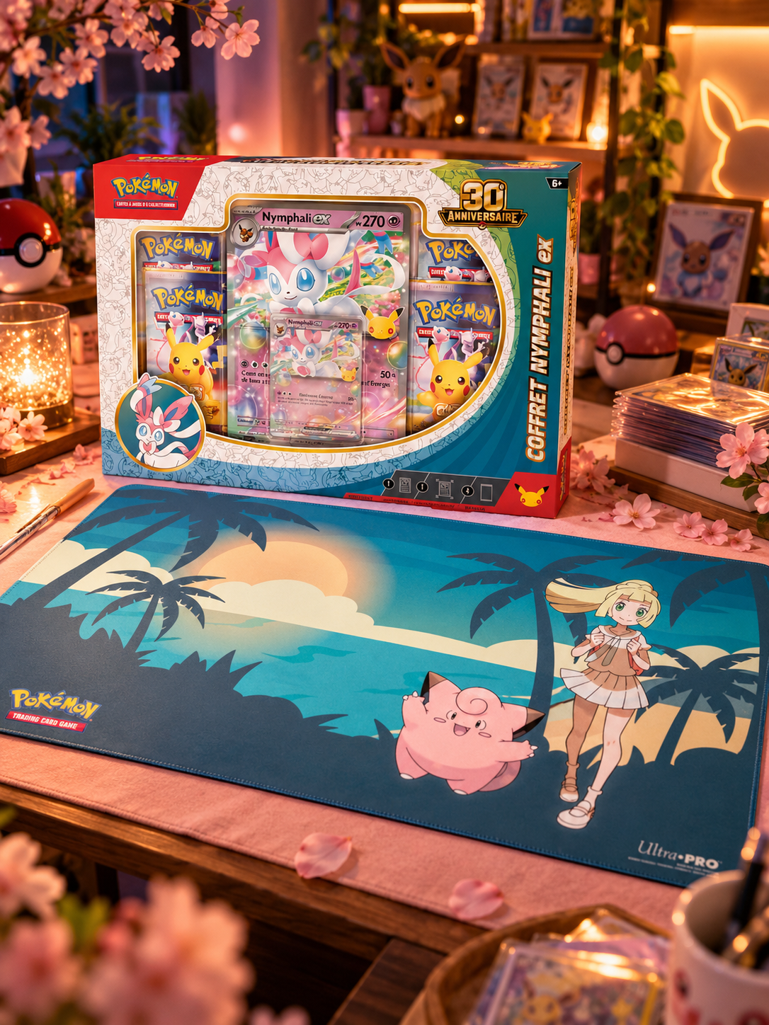 Pack Pokémon 30e Anniversaire – Coffret Nymphali-ex + Tapis Lillie et Mélofée Ultra PRO